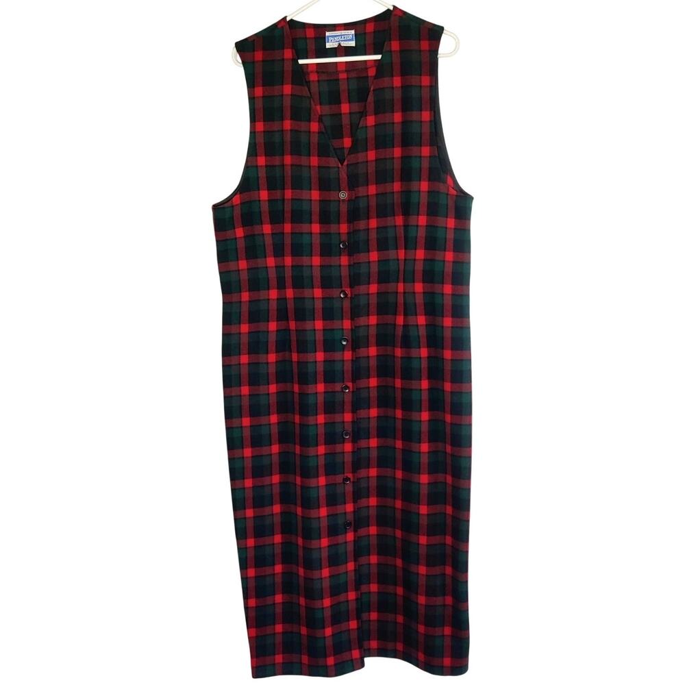 Vtg Pendleton Wool Tartan Plaid Button Front Jupmer Midi Dress XL Dark Academia